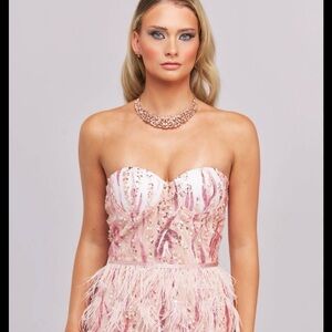 EUC Pink Sequin Feather Mini Dress | Strapless Corset Party Dress Cocktail